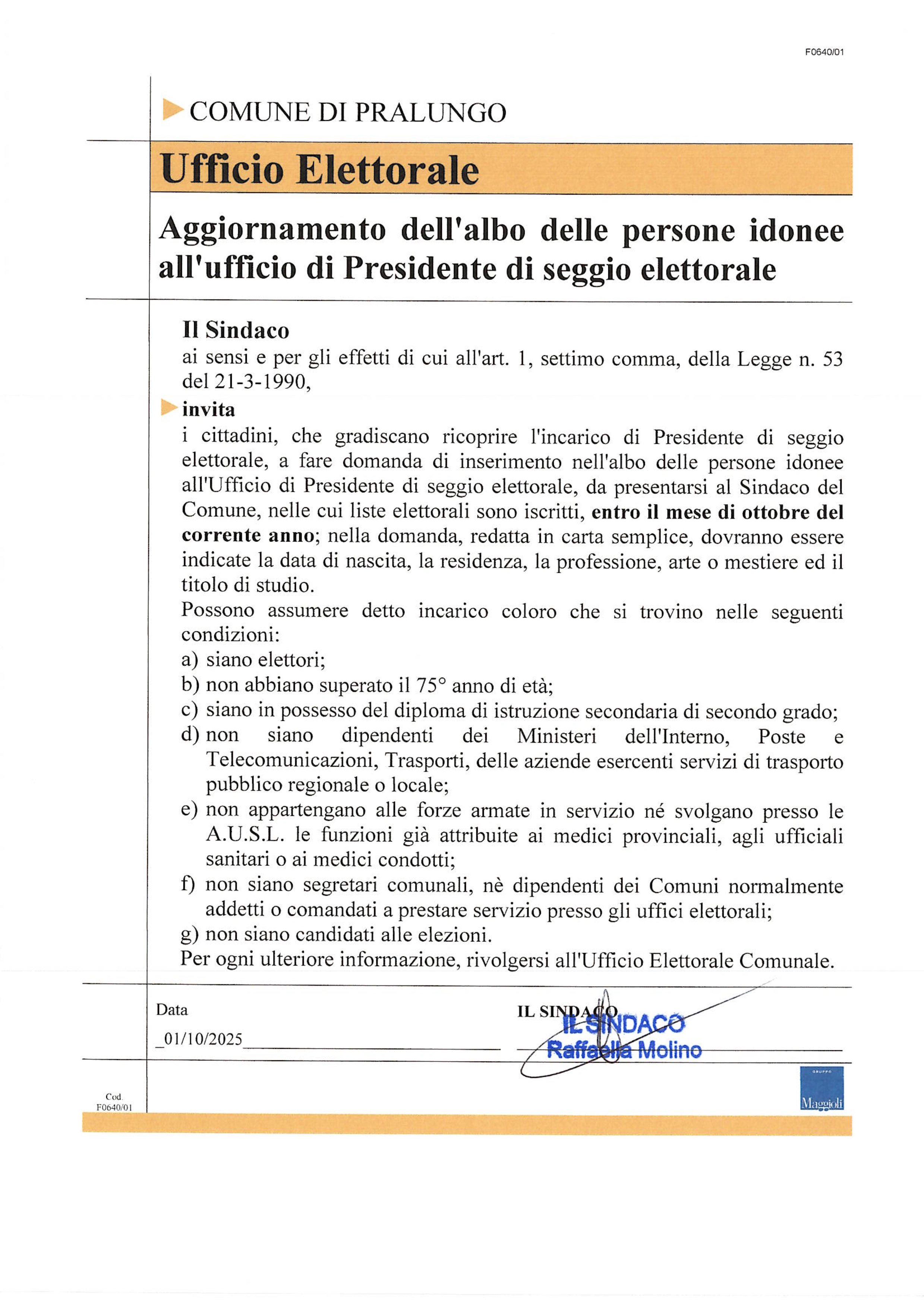 Aggiornamento dell'albo delle persone idonee all'ufficio di Presidente di seggio elettorale