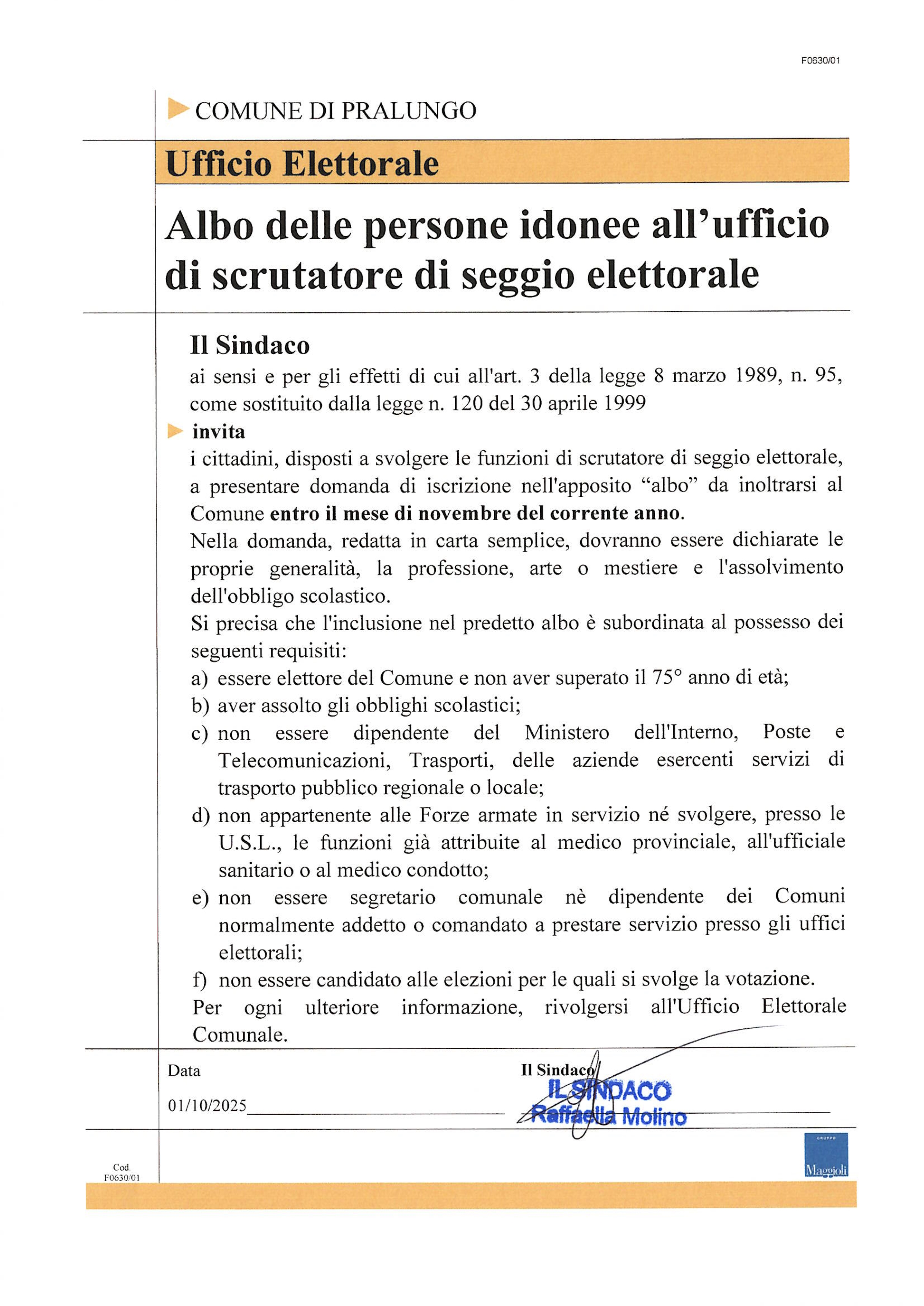 Albo delle persone idonee all'ufficio di scrutatore di seggio elettorale