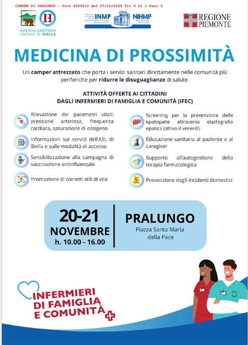 ASL BI - Medicina di prossimità - Camper attrezzato nel Comune di Pralungo 20-21 Novembre
