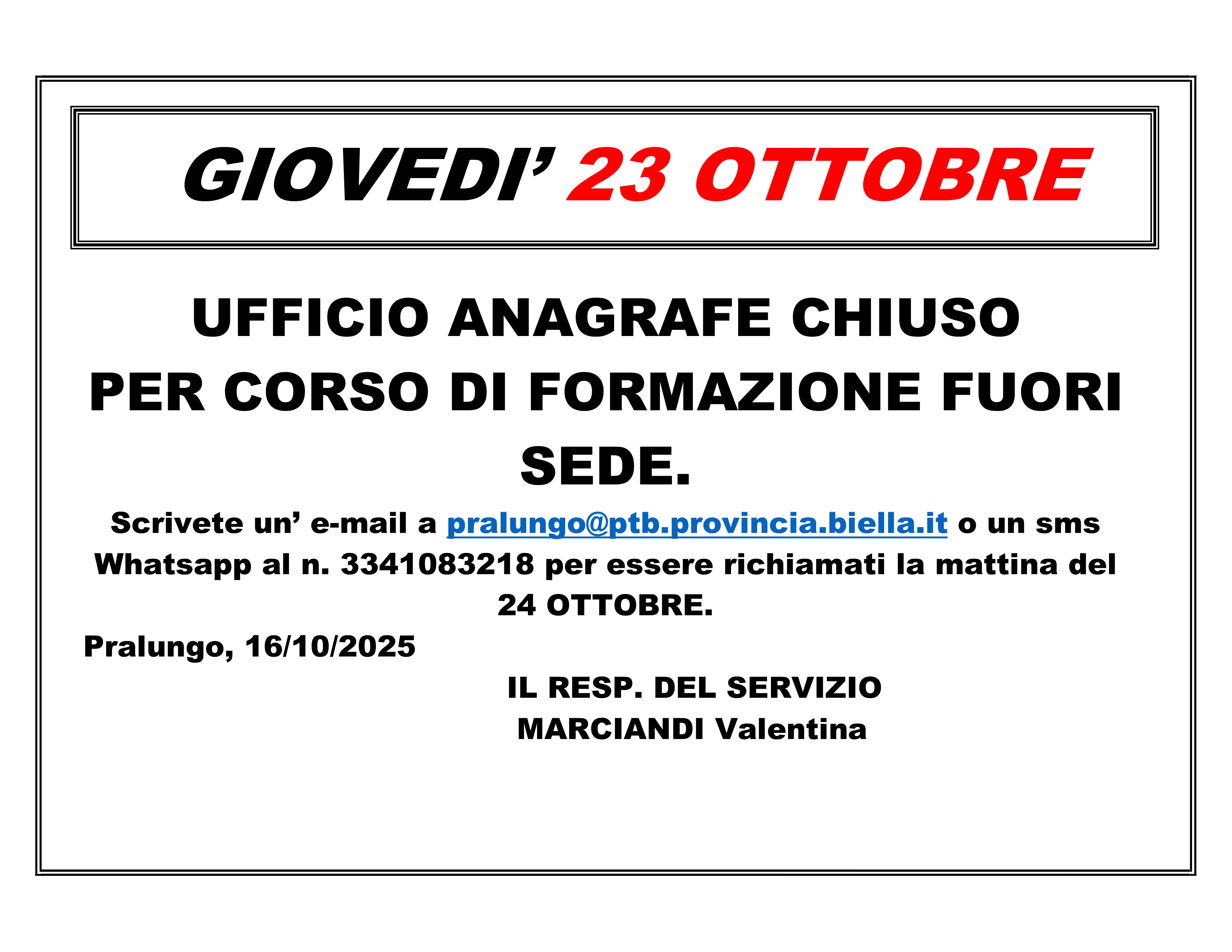 Giovedì 23 ottobre Ufficio Anagrafe chiuso per corso di formazione fuori sede